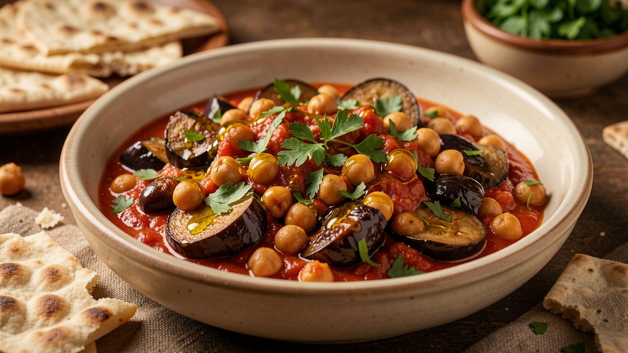 Finished maghmour drizzled with olive oil and parsley, served with bread
