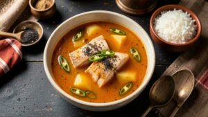 A bowl of Bengali macher jhol with fish and potato in a thin tomato broth, served with rice