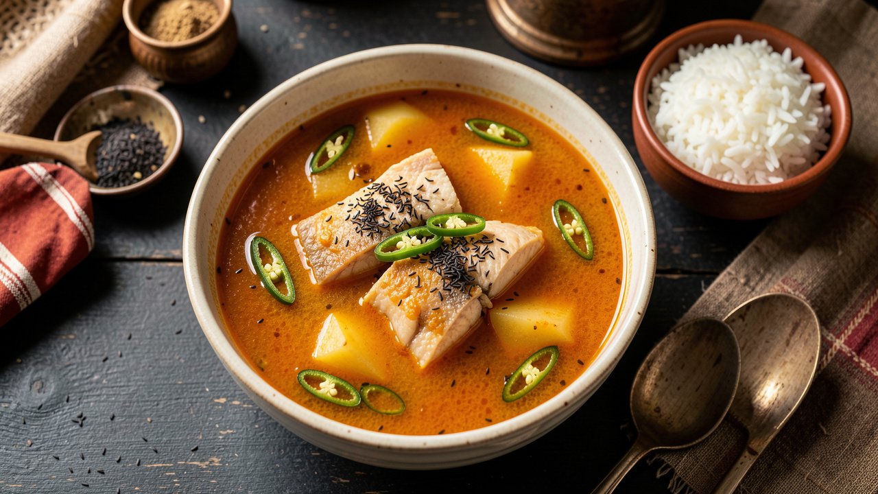 A bowl of Bengali macher jhol with fish and potato in a thin tomato broth, served with rice