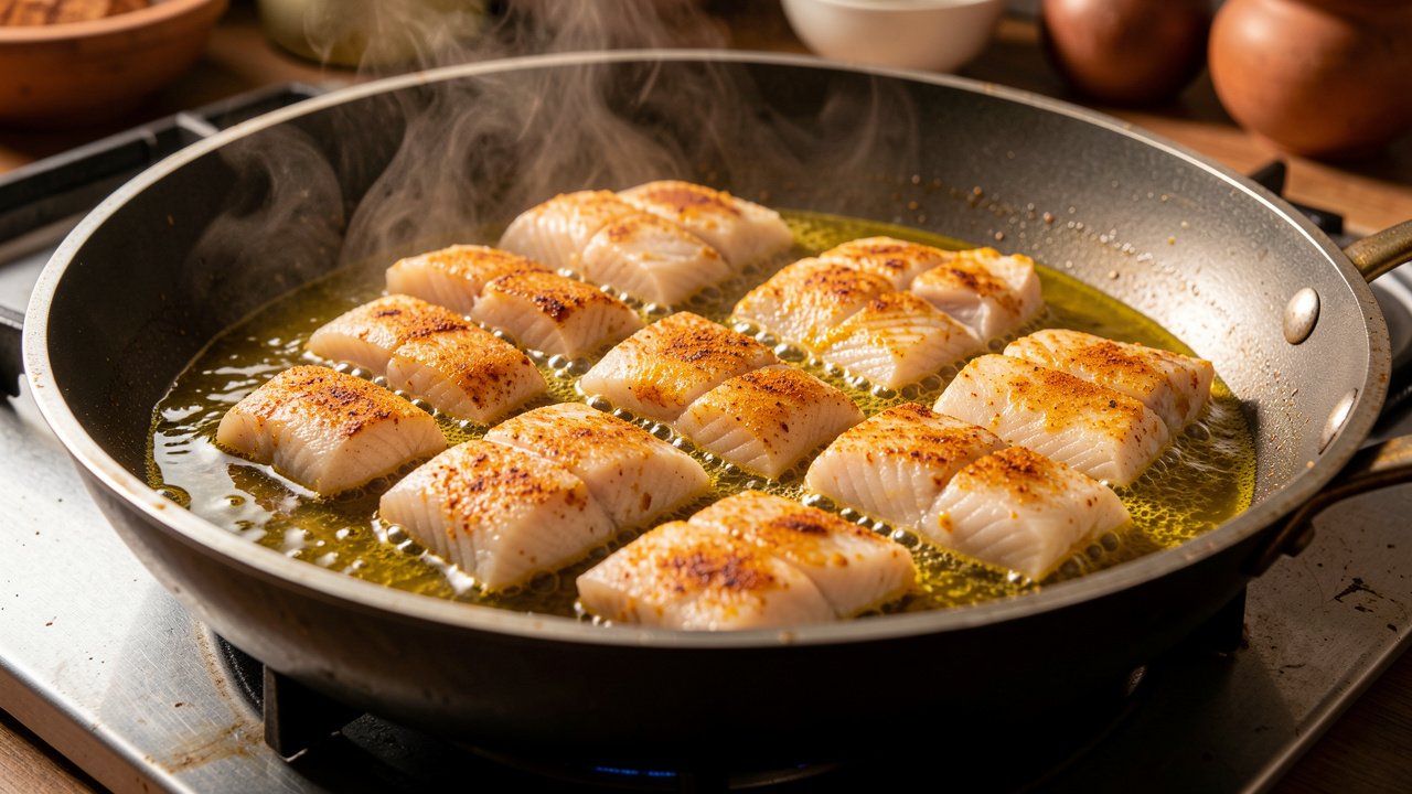 Turmeric-rubbed fish pieces frying to a light golden crust in mustard oil