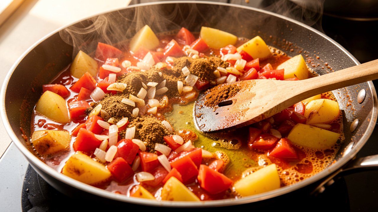 Tomatoes and onion cooking into a glossy golden-red spiced masala with potato wedges