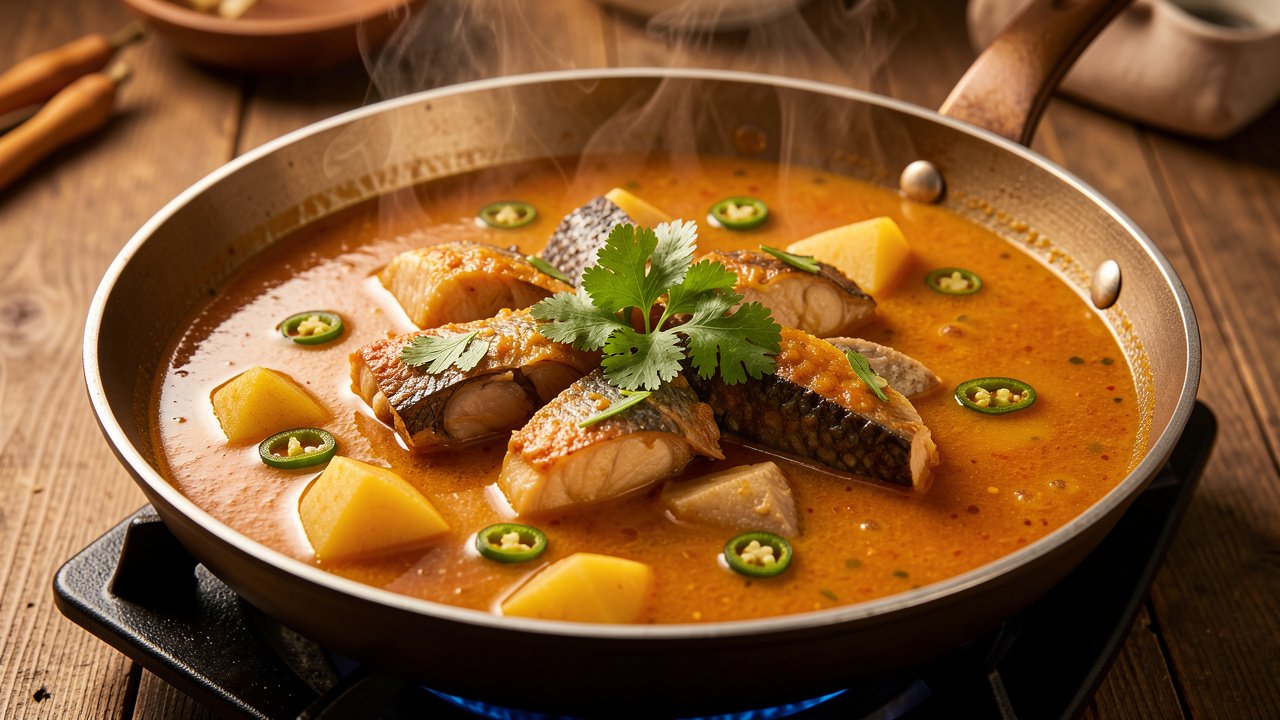 Finished macher jhol with fish and potato in a thin tomato broth, garnished with cilantro
