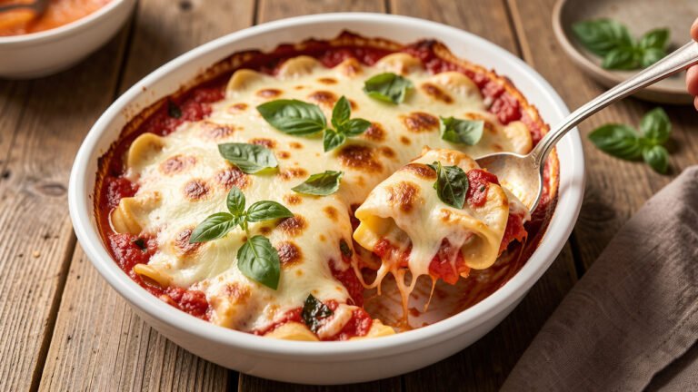 Baked cheese tortellini in tomato basil sauce topped with browned mozzarella and fresh basil