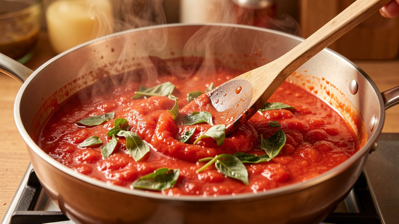 Loose tomato basil sauce simmering in a saucepan with torn basil stirred through
