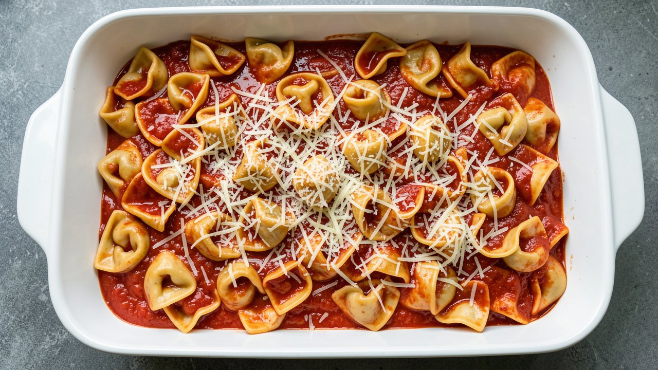 Cheese tortellini folded into tomato sauce and spread in a baking dish before chilling