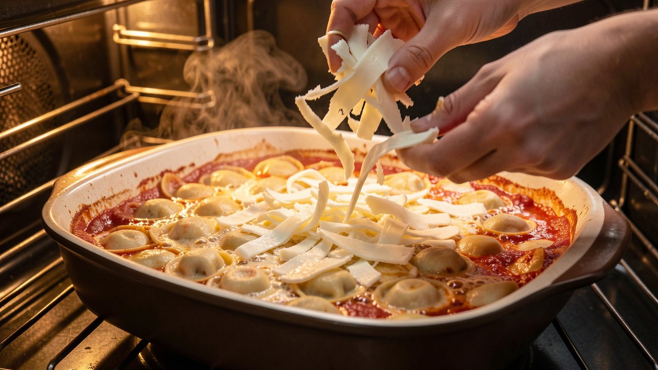 Shredded mozzarella being scattered over a bubbling tortellini bake near the end of baking