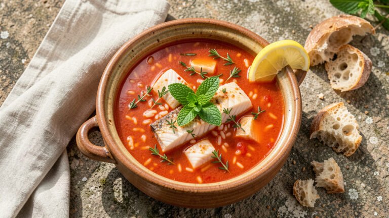 A rustic bowl of Maltese aljotta fish and tomato soup with rice, white fish, mint, a lemon wedge, and crusty bread