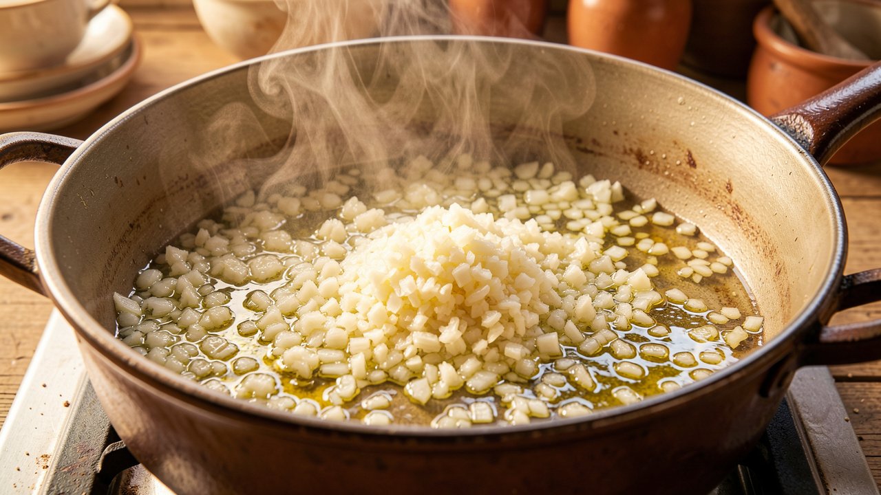Garlic and onion sweating gently in olive oil in a heavy pot