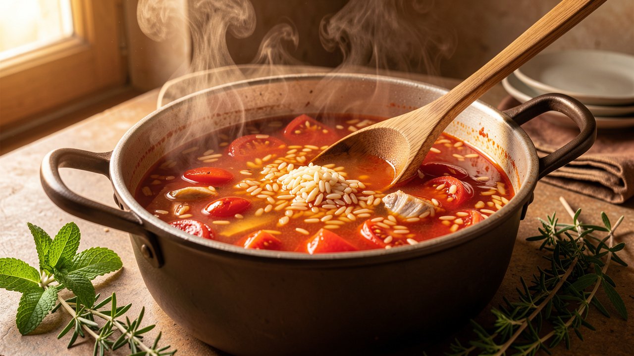 Red-gold garlicky tomato and fish broth simmering with rice in a pot