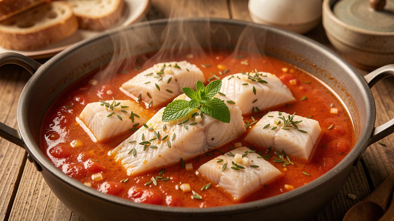 Chunks of white fish poaching gently in red-gold garlicky tomato broth