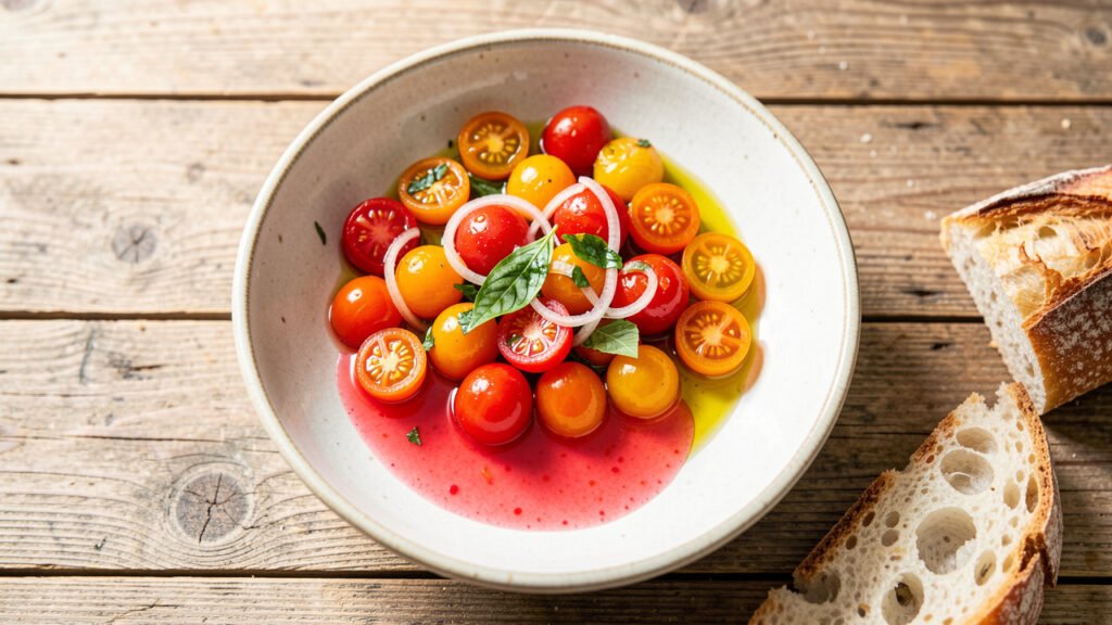 Marinated cherry tomato salad with halved tomatoes, shallots and basil in a shallow bowl with pooled vinaigrette