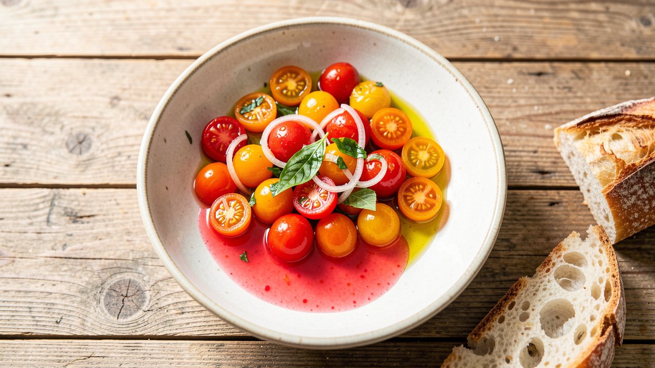 Marinated cherry tomato salad with halved tomatoes, shallots and basil in a shallow bowl with pooled vinaigrette