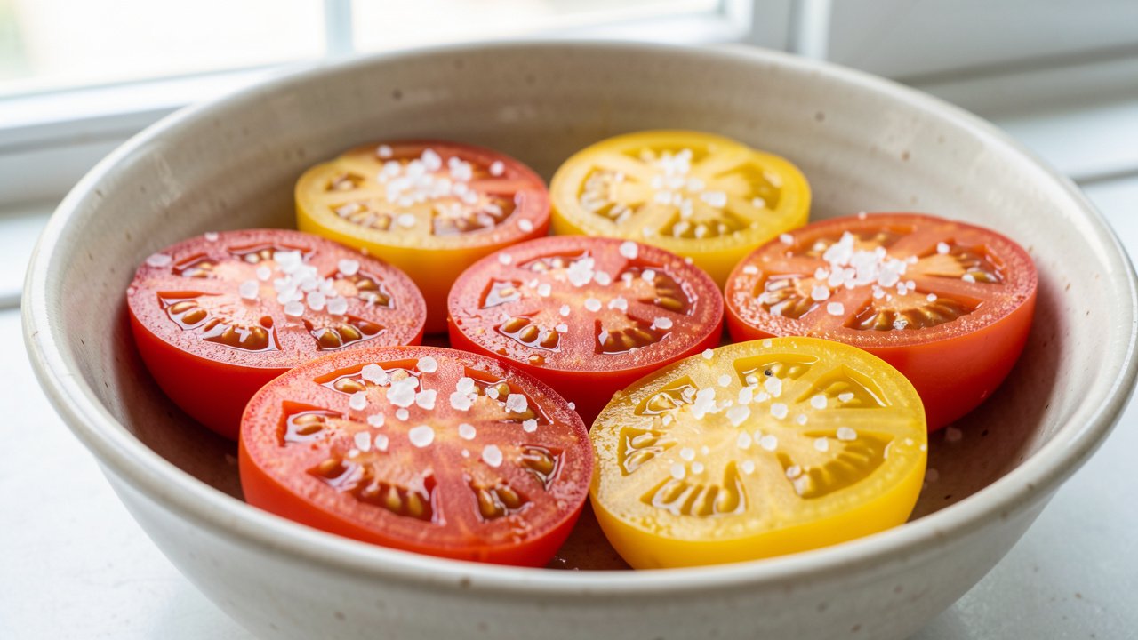 Halved cherry tomatoes salted cut side up in a bowl with juice beading on the surface