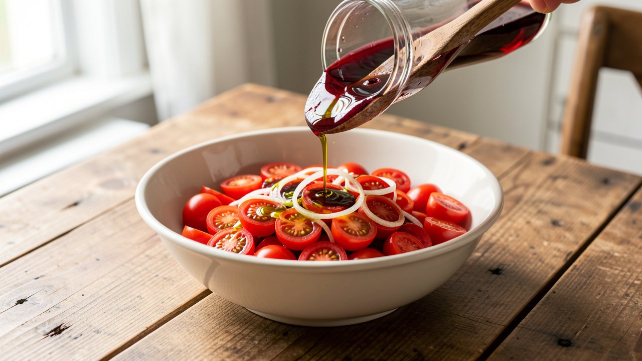 Shallot and red wine vinaigrette being poured over halved cherry tomatoes in a bowl