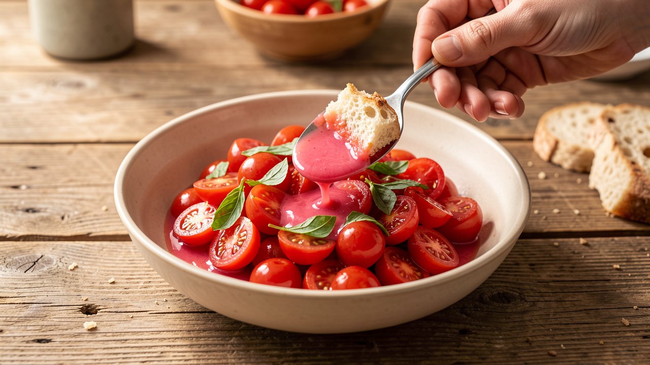 Marinated cherry tomato salad being spooned with its own juice while bread is dipped into the bowl
