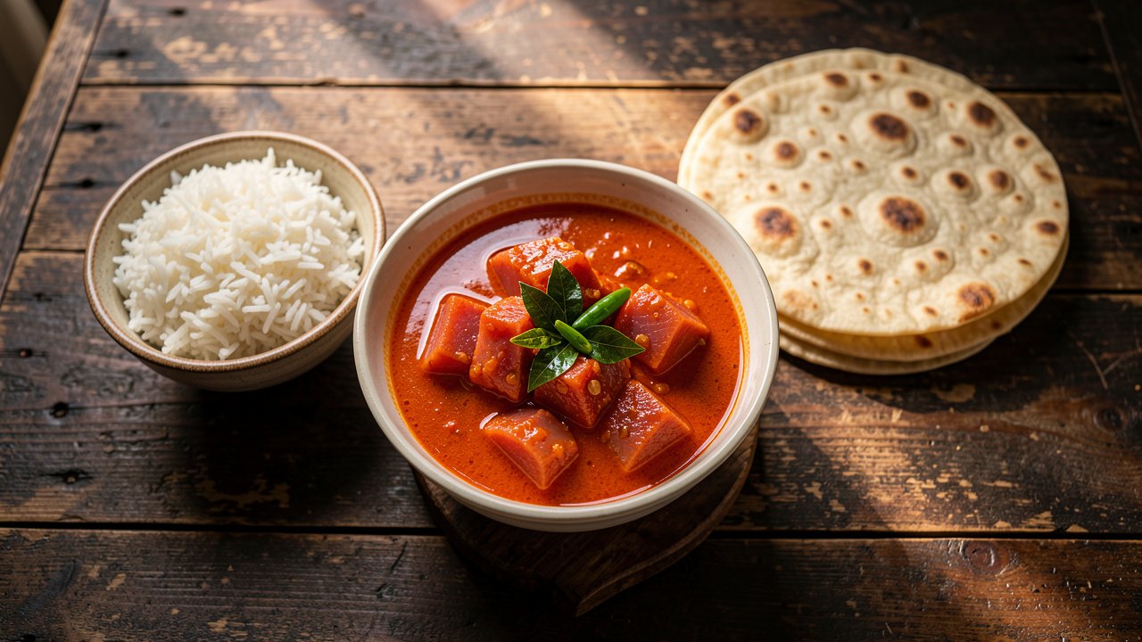 Chunks of tuna in a red-orange coconut and tomato mas riha curry with curry leaves, served with rice and roshi