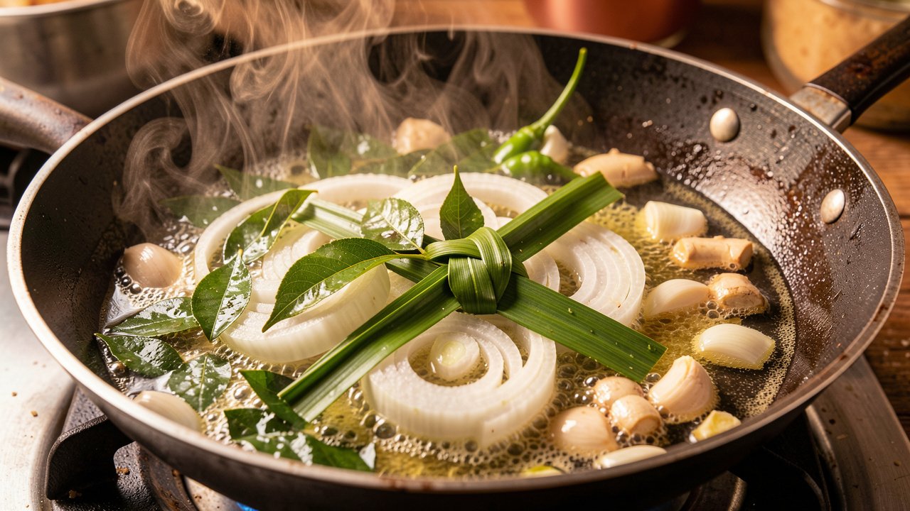 Onion softening with curry leaves and pandan in a pan for mas riha