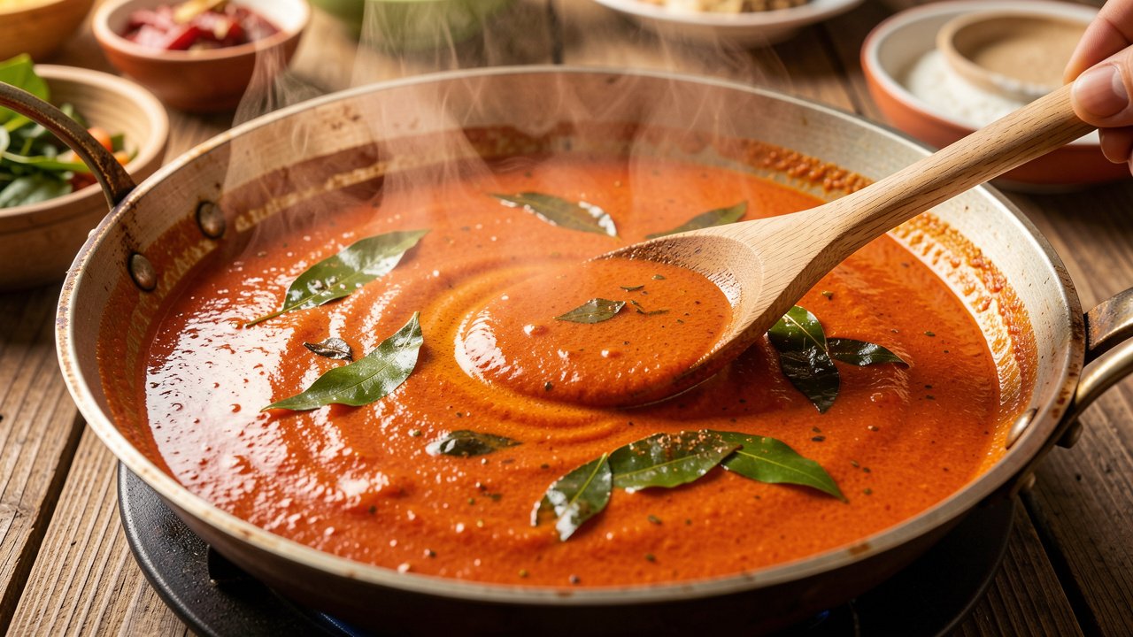 Coconut milk stirred into a spiced tomato base to make the mas riha sauce