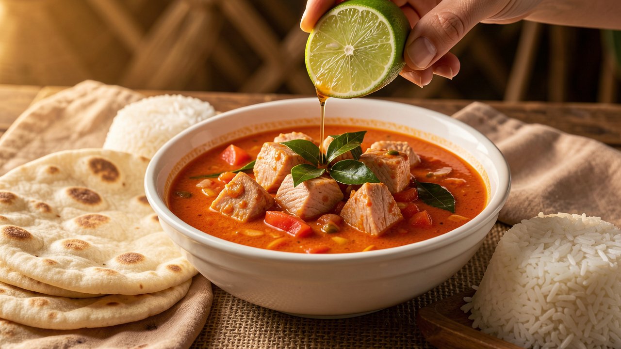 Finished mas riha tuna curry with a squeeze of lime, served with rice and roshi