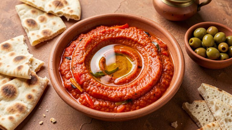 A shallow bowl of thick red-orange matbucha dip glossy with olive oil, served with torn flatbread