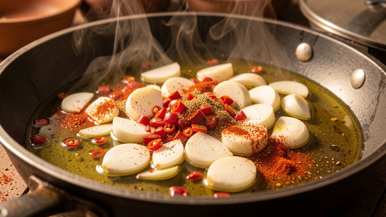 Garlic, chili, paprika, and cumin blooming in olive oil in a pan