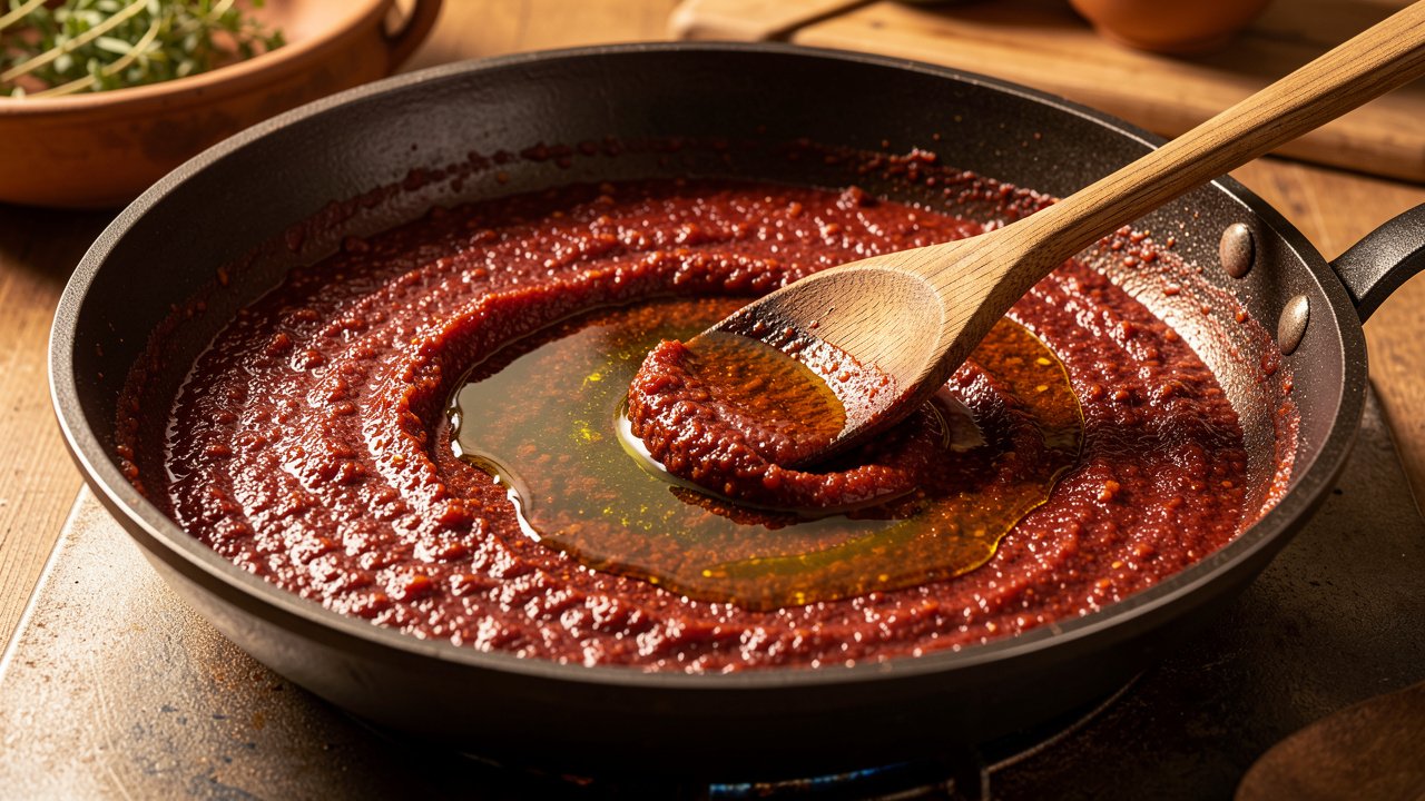 Matbucha reducing to a thick jammy consistency in a pan with oil pooling on top