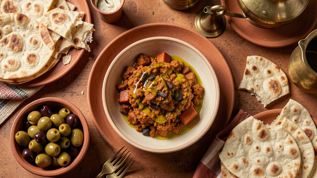 Finished matbucha in a shallow bowl drizzled with olive oil, served with flatbread and olives