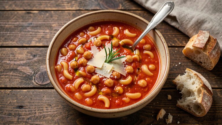 A thick bowl of Mediterranean chickpea, tomato, and pasta soup with ditalini, olive oil, and Parmesan