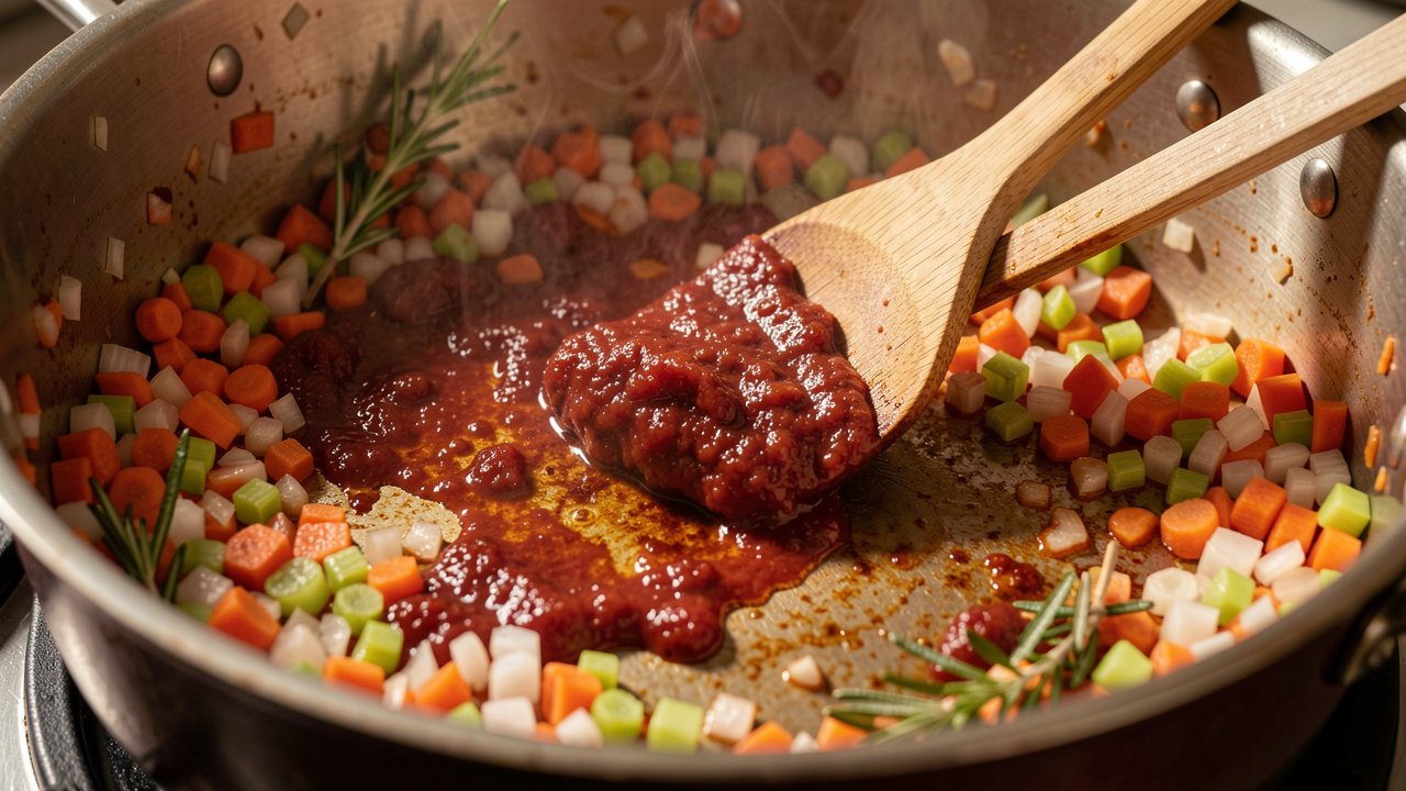 Tomato paste frying dark into a soffritto of onion, carrot, and celery in a heavy pot