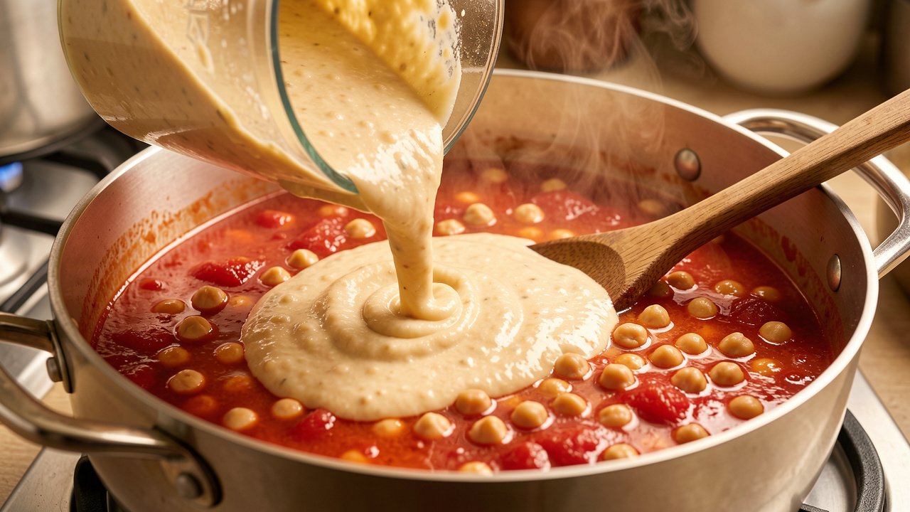 Blended chickpea puree being stirred back into a pot of tomato and chickpea soup