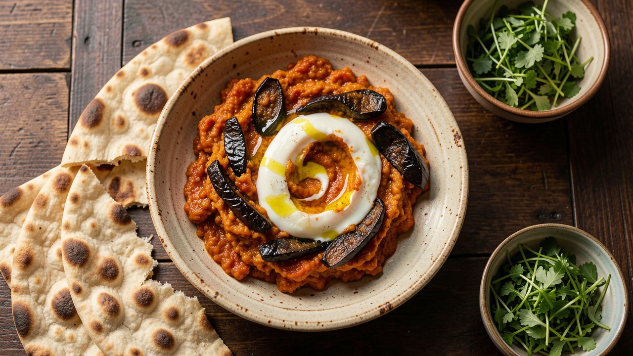 A rustic plate of mirza ghasemi, smoky mashed eggplant and tomato with an egg swirl, served with flatbread