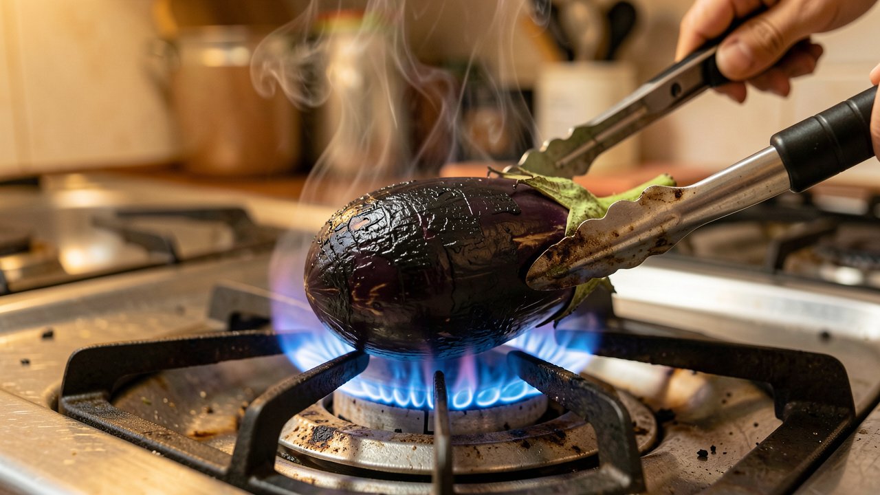 Whole eggplants charring over an open gas flame with blackened skins