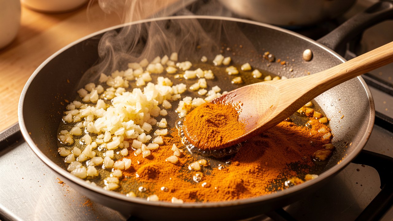 Garlic and turmeric blooming in oil in a skillet