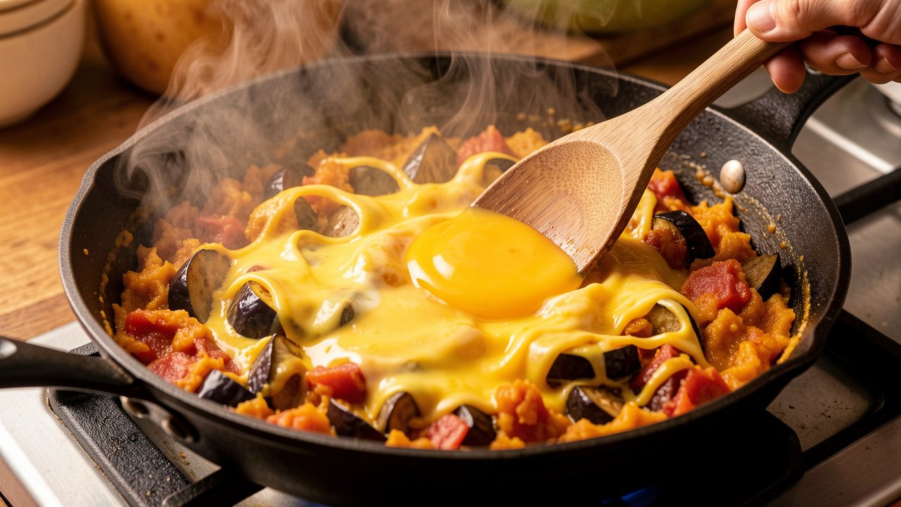 Beaten eggs being folded into smoky mashed eggplant and tomato in a skillet