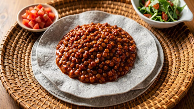A mound of deep-red Ethiopian misir wot lentil stew served on injera with a side salad