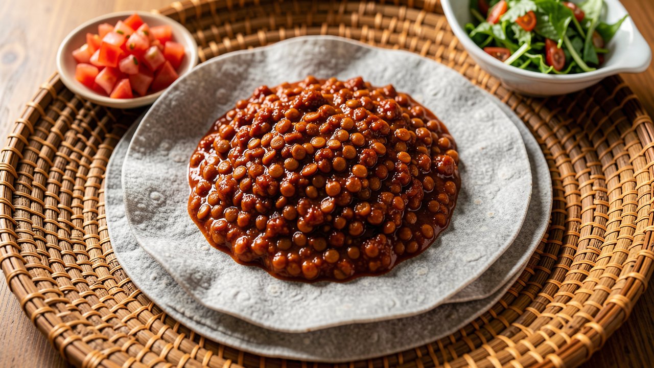 A mound of deep-red Ethiopian misir wot lentil stew served on injera with a side salad