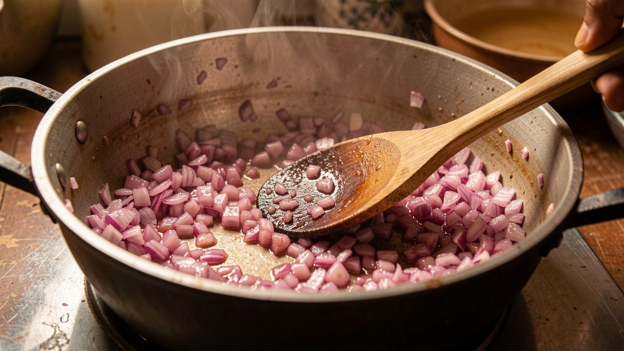Finely chopped onions cooking down dry in a bare pot without oil