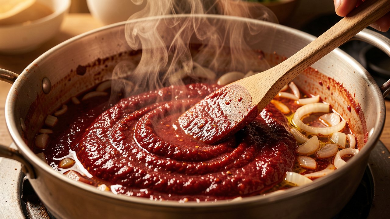 Berbere and tomato paste blooming into a dark red sauce with onions in a pot