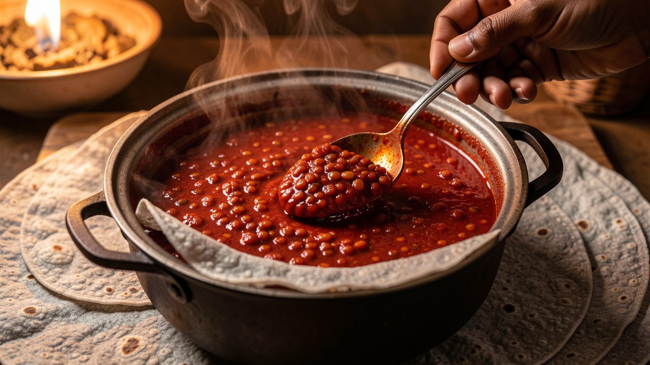 Finished misir wot lentil stew being spooned over injera