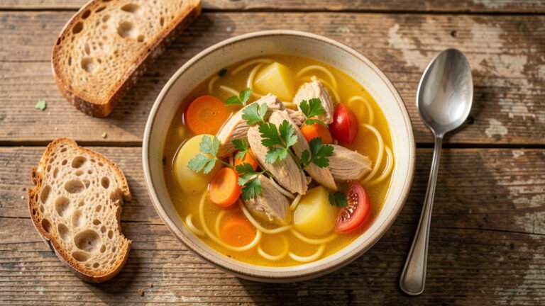 A bowl of golden Moldovan zeama sour chicken noodle soup with vegetables, tomato and fresh lovage