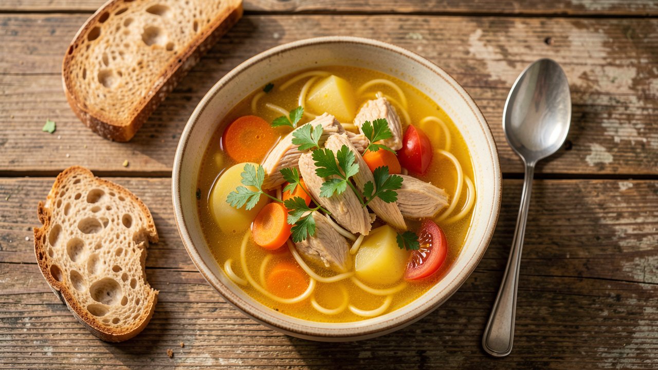 A bowl of golden Moldovan zeama sour chicken noodle soup with vegetables, tomato and fresh lovage