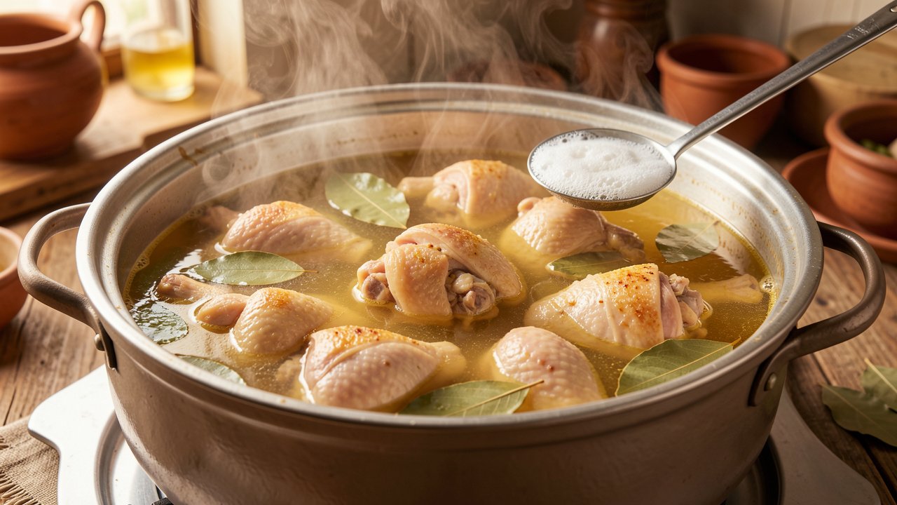 Halal chicken pieces simmering in a clear golden broth with bay leaves