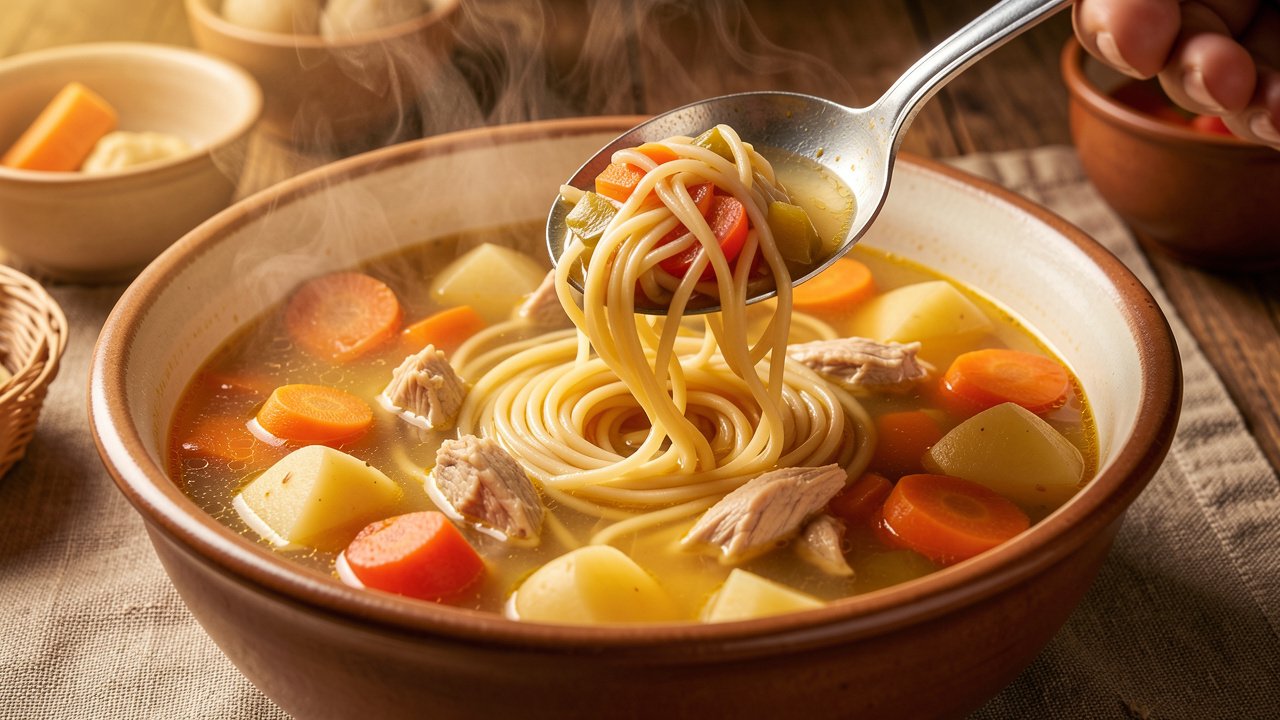 Thin noodles being stirred into a golden chicken and vegetable soup