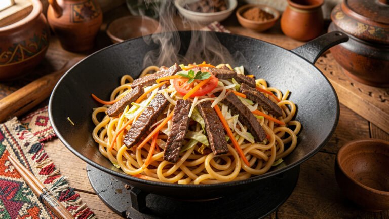 A wide plate of Mongolian tsuivan noodles tossed with strips of meat, cabbage, and carrot