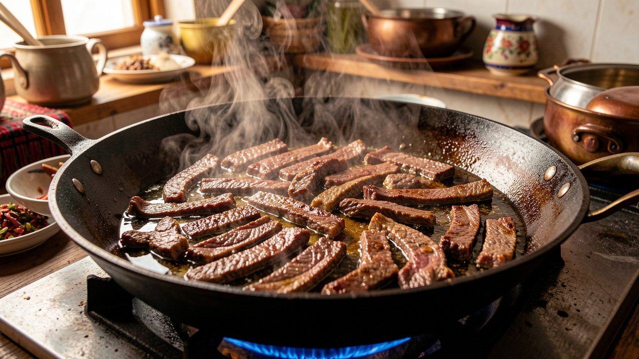 Thin strips of meat searing and browning in a wide pan