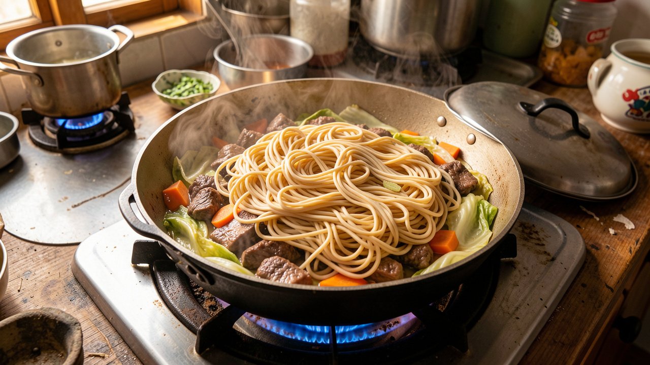 Raw noodles laid over a simmering pan of meat and vegetables, steaming under a lid