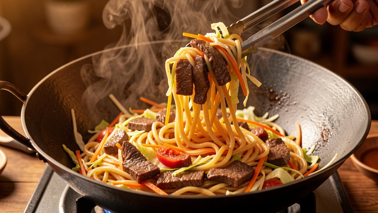 Finished tsuivan noodles being tossed with meat, cabbage, and carrot in a wok