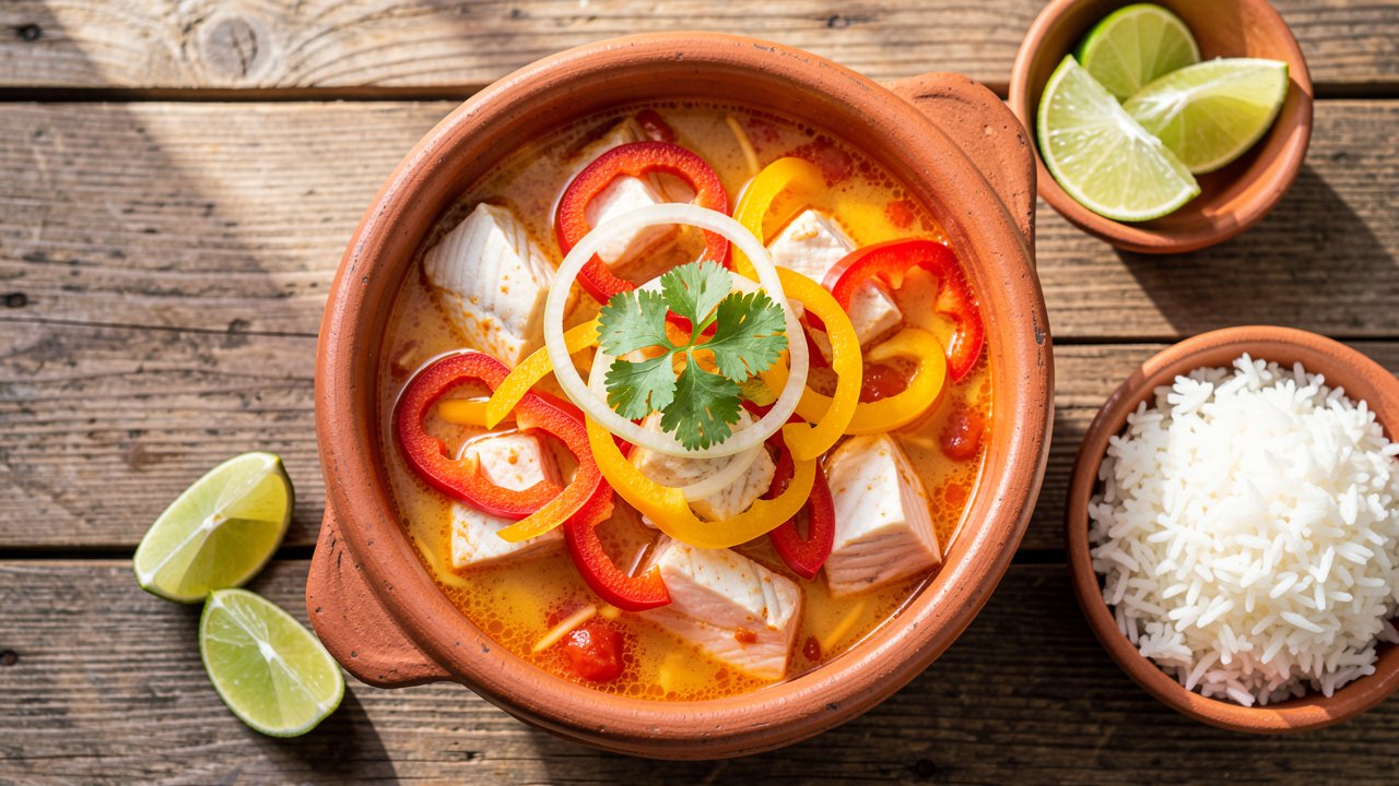 A clay pot of Brazilian moqueca with white fish, tomatoes, peppers, and coconut broth, served with rice and lime