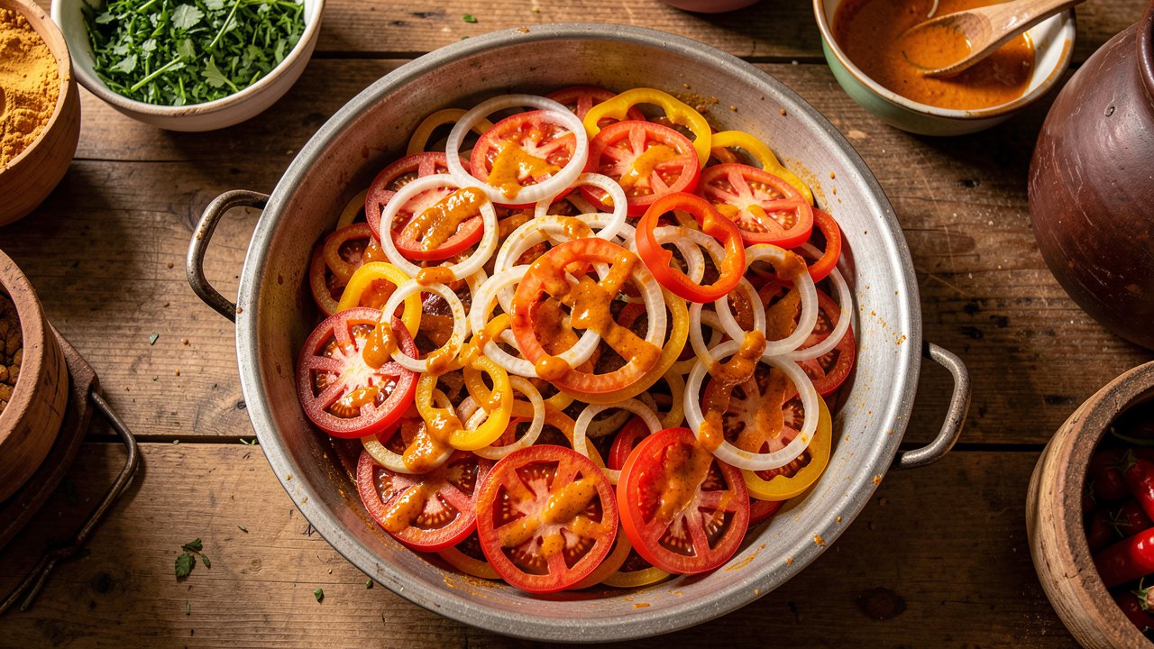 A pot layered with onion rings, bell pepper slices, and tomato rounds drizzled with palm oil