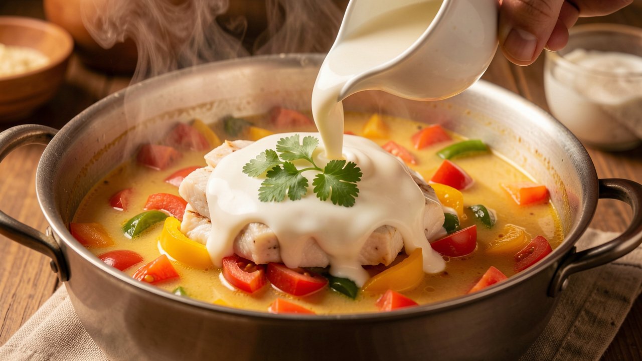 Coconut milk being poured over a pot of layered fish, tomatoes, and peppers
